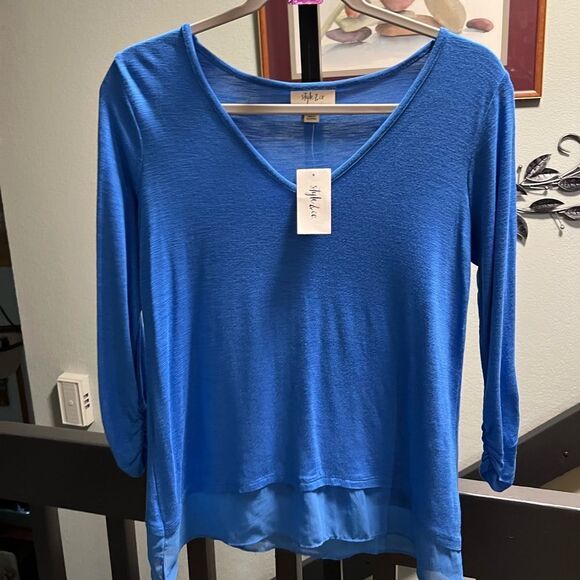 NWT Style & Co XS Blue Women's Top V-Neck 3/4 gathered Sleeves #121 - Picture 1 of 5